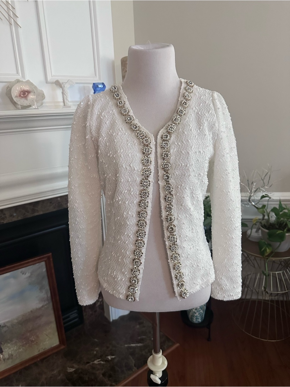 Source Unknown White Beaded Tweed Jacket with Jeweled Trim